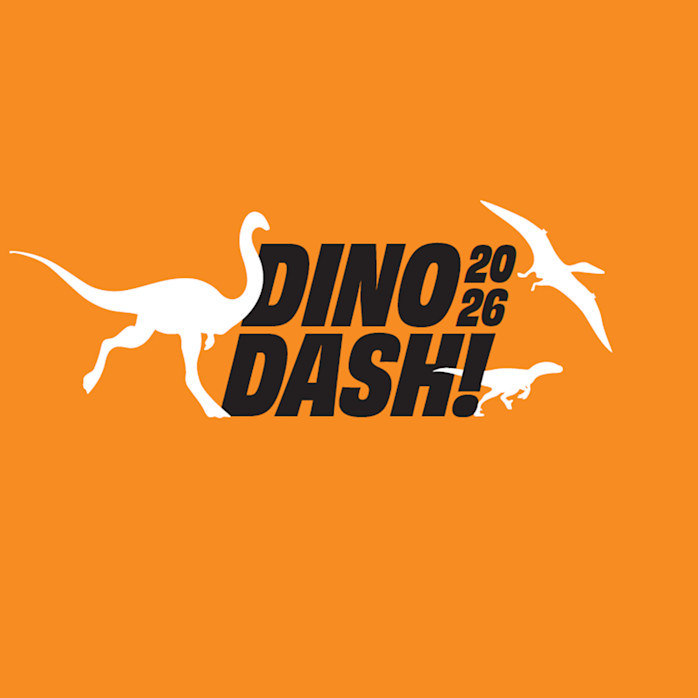 An image of text that says Dino Dash! 2026 with three dinos next to it. 