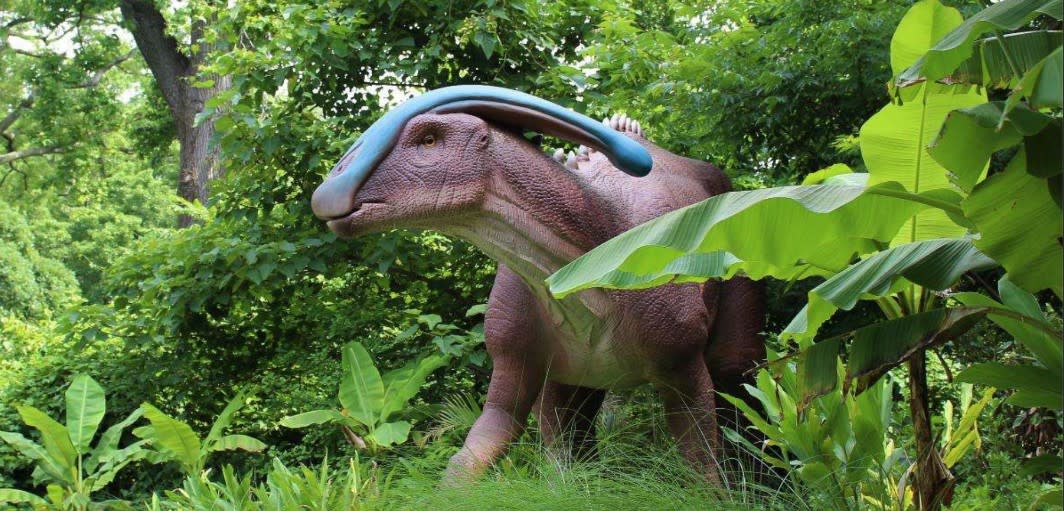 An animatronic of a dinosaur peeking out of the trees