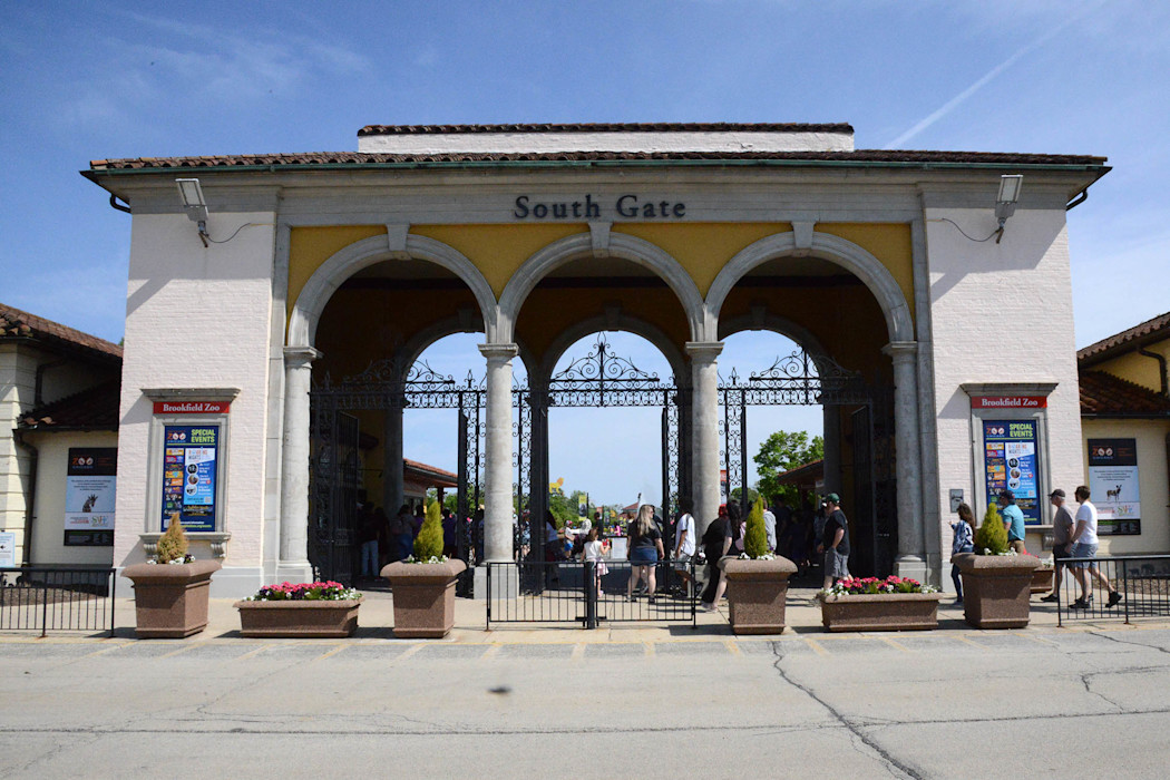 The historic South Gate entrance of the Zoo. 