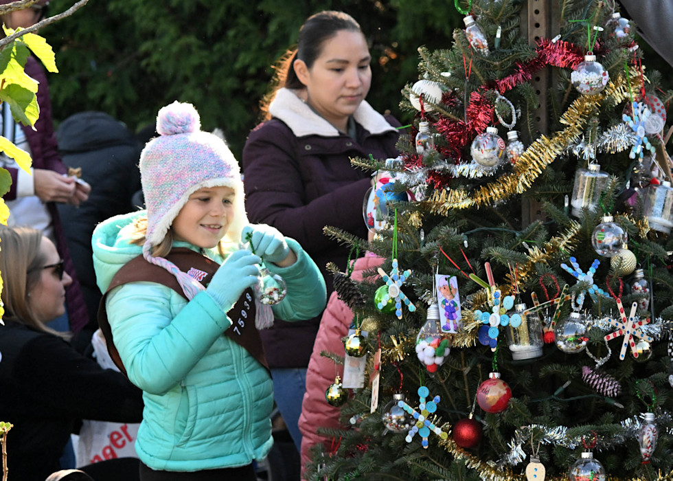 A girl scout looks for a place to put her ornament on a tree. 