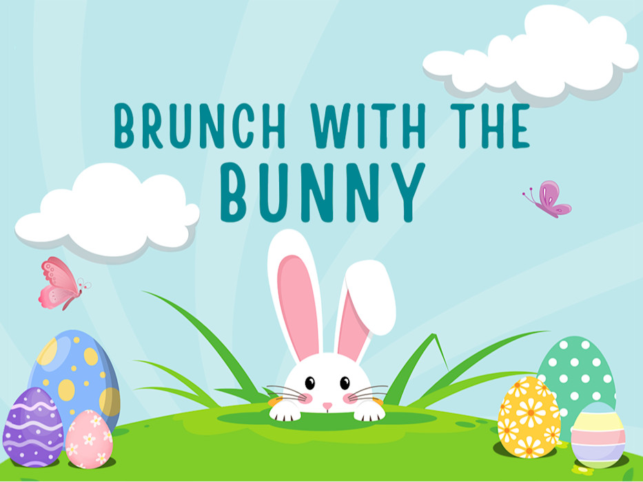 A cartoon bunny peeks out over a hill. It says Brunch with the Bunny above it. 