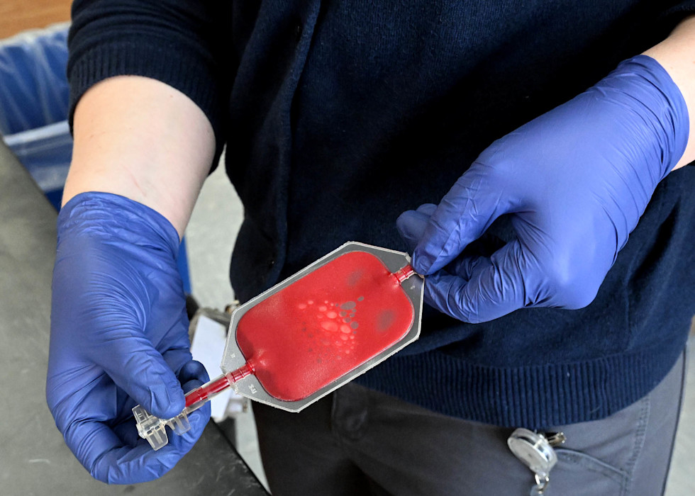 A scientist holds a sample of blood. 