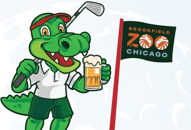 A cartoon alligator plays golf and holds a frothy beer. 