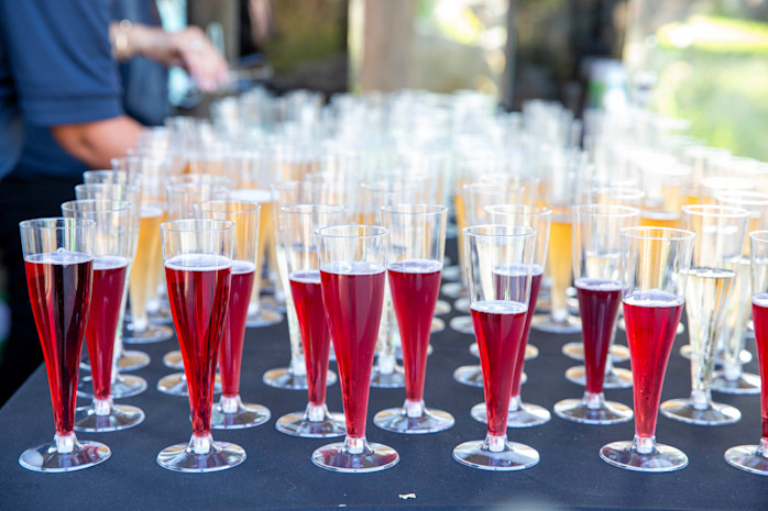 A table with champagne flutes filled with wine. 